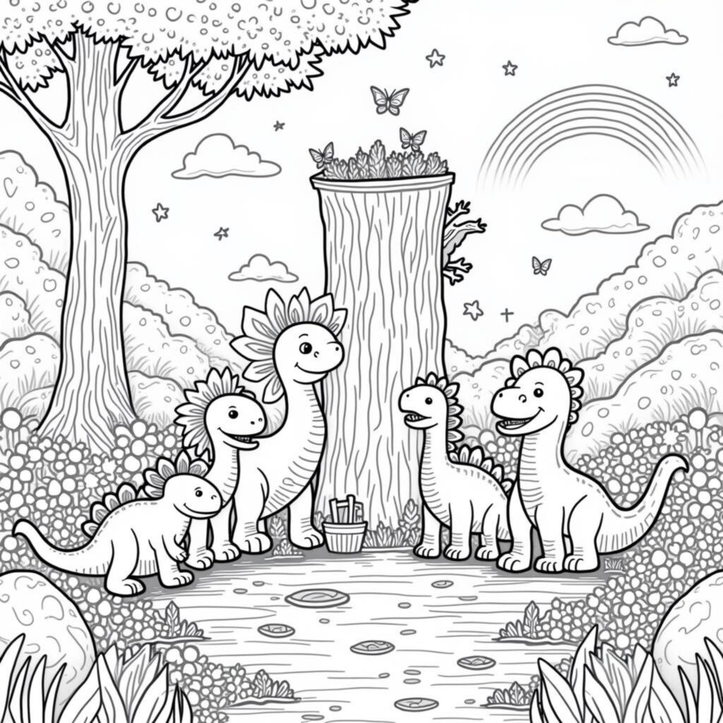 DinoFreunde-unter-der-alten-Baumwurzelcopyright-free-kostenlos-ausmalbild-malvorlage-coloringpage