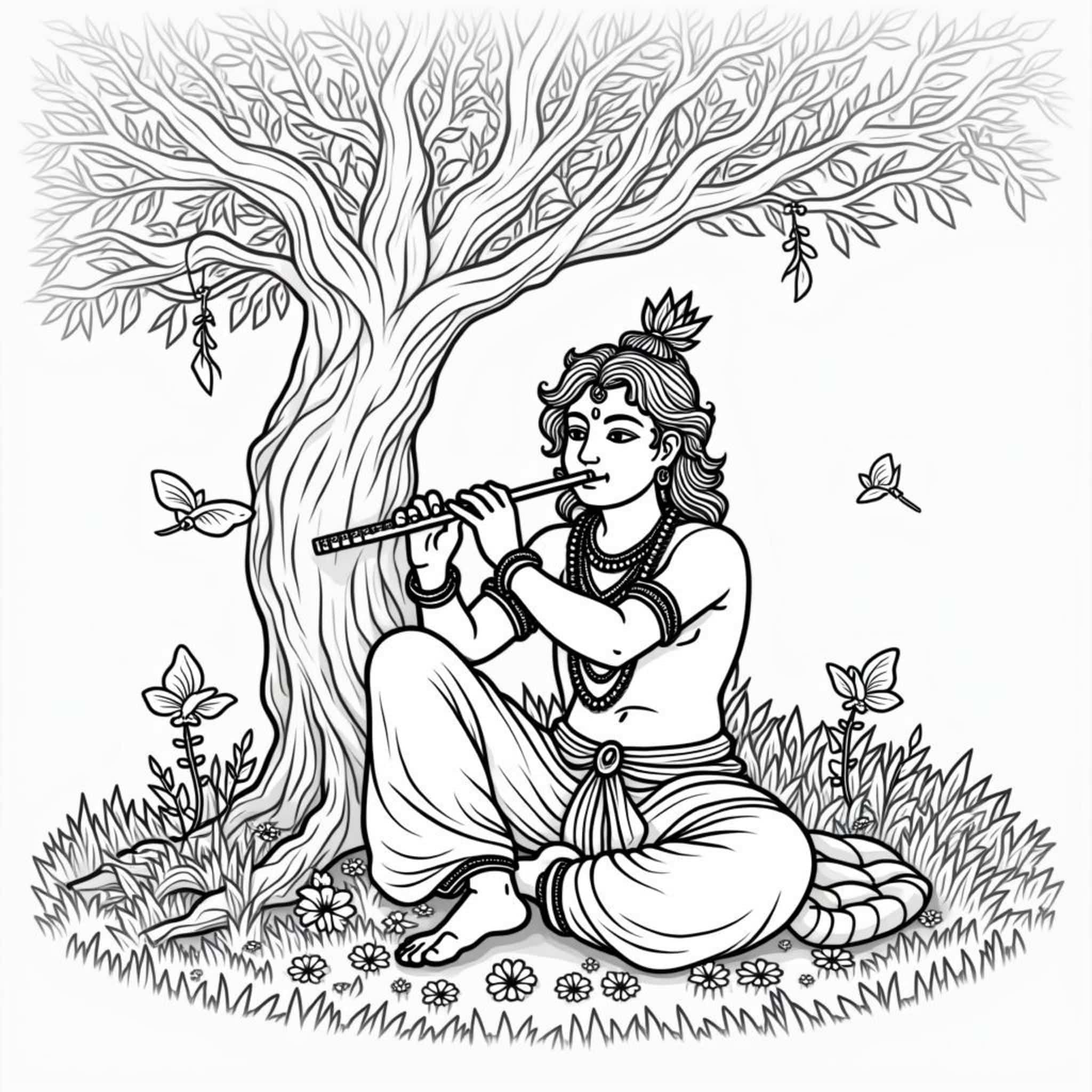 Krishna-unter-dem-Baum-spielt-Flytecopyright-free-kostenlos-ausmalbild-malvorlage-coloringpage