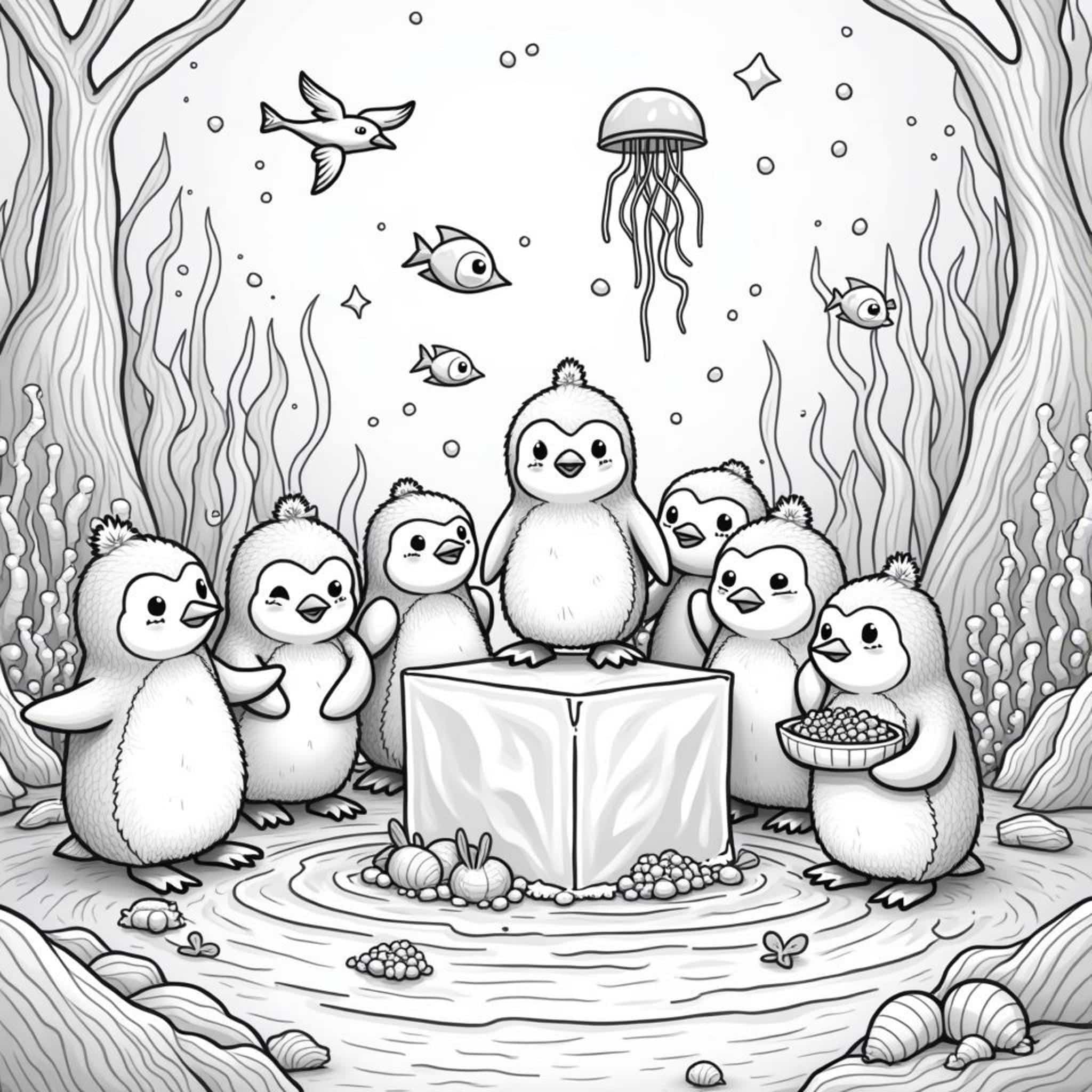 Penguingruppe-Unterwasser-Spielplatz-mit-Glitzer-Funcopyright-free-kostenlos-ausmalbild-malvorlage-coloringpage