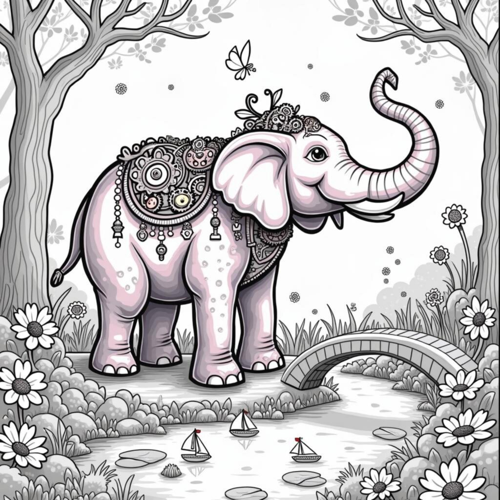 Rosafarbene-Elefant-mit-Spielzeugtrygern-im-Paradiesgartencopyright-free-kostenlos-ausmalbild-malvorlage-coloringpage