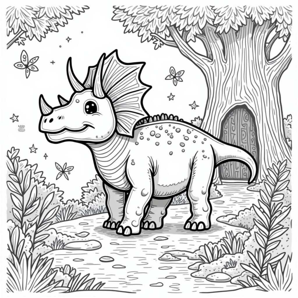 Trikeratops-Abenteuer-Waldcopyright-free-kostenlos-ausmalbild-malvorlage-coloringpage